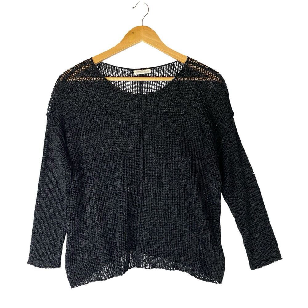Eileen Fisher Open Knit Mesh Sweater Womens M Black Sheer Boxy Pullover Layer